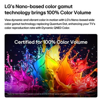 Een LG QNED AI QNED70 Mini LED met Dynamic QNED Color vult het scherm met levendige, vloeiende uitbarstingen van veelkleurige, verfachtige bewegingen, waardoor de verbeterde kleurlevendigheid wordt getoond, gecertificeerd voor 100% kleurvolume.